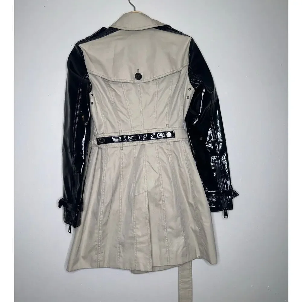 Burberry Patent Leather Sleeve Gabardine Trench Coat Black Tan US 4 - Picture 8 of 12
